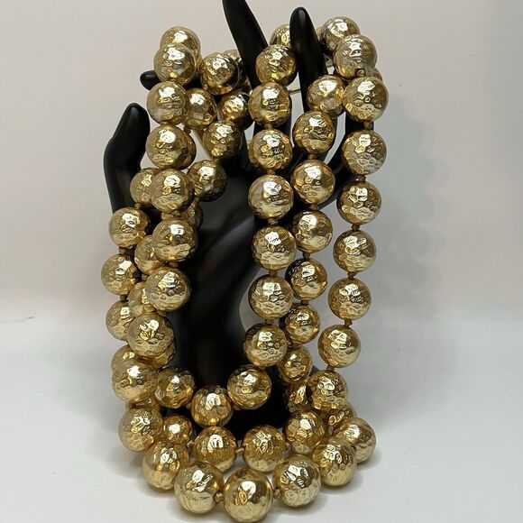 Vintage Les Bernard Gold Ball Beaded 3 Layer Necklace 16mm Statement Bold - Picture 8 of 9